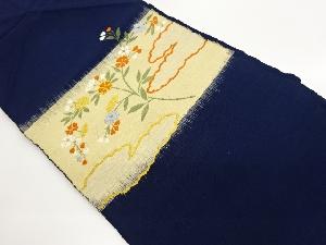 手織り紬横段に雲・花葉模様織出し名古屋帯